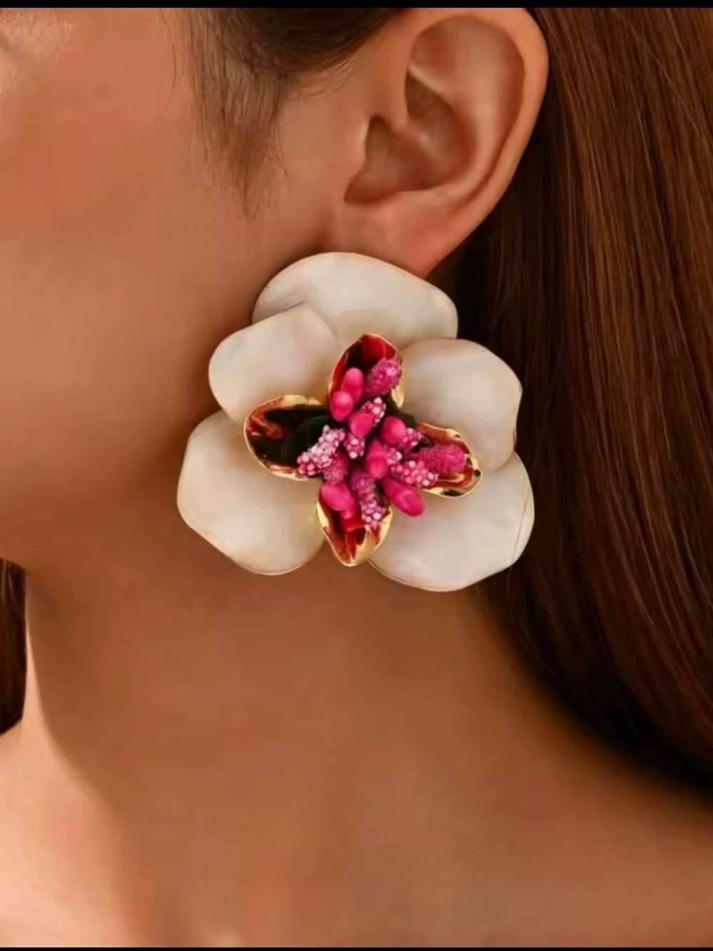 Zara Floral Statement Earrings Ivory Pink Gold Tone Oversized Flower Studs NWOT